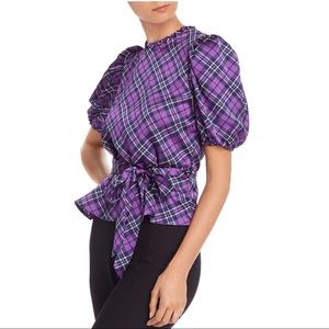 Aqua Ruffled Puff Sleeve Plaid Blouse Purple Size XS